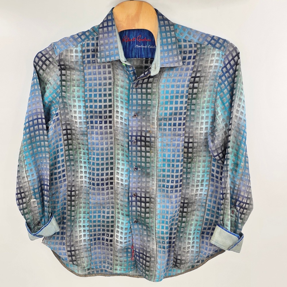 Robert Graham Limited Edition Landry Mens 2XL Blue Grid Button Down Shirt